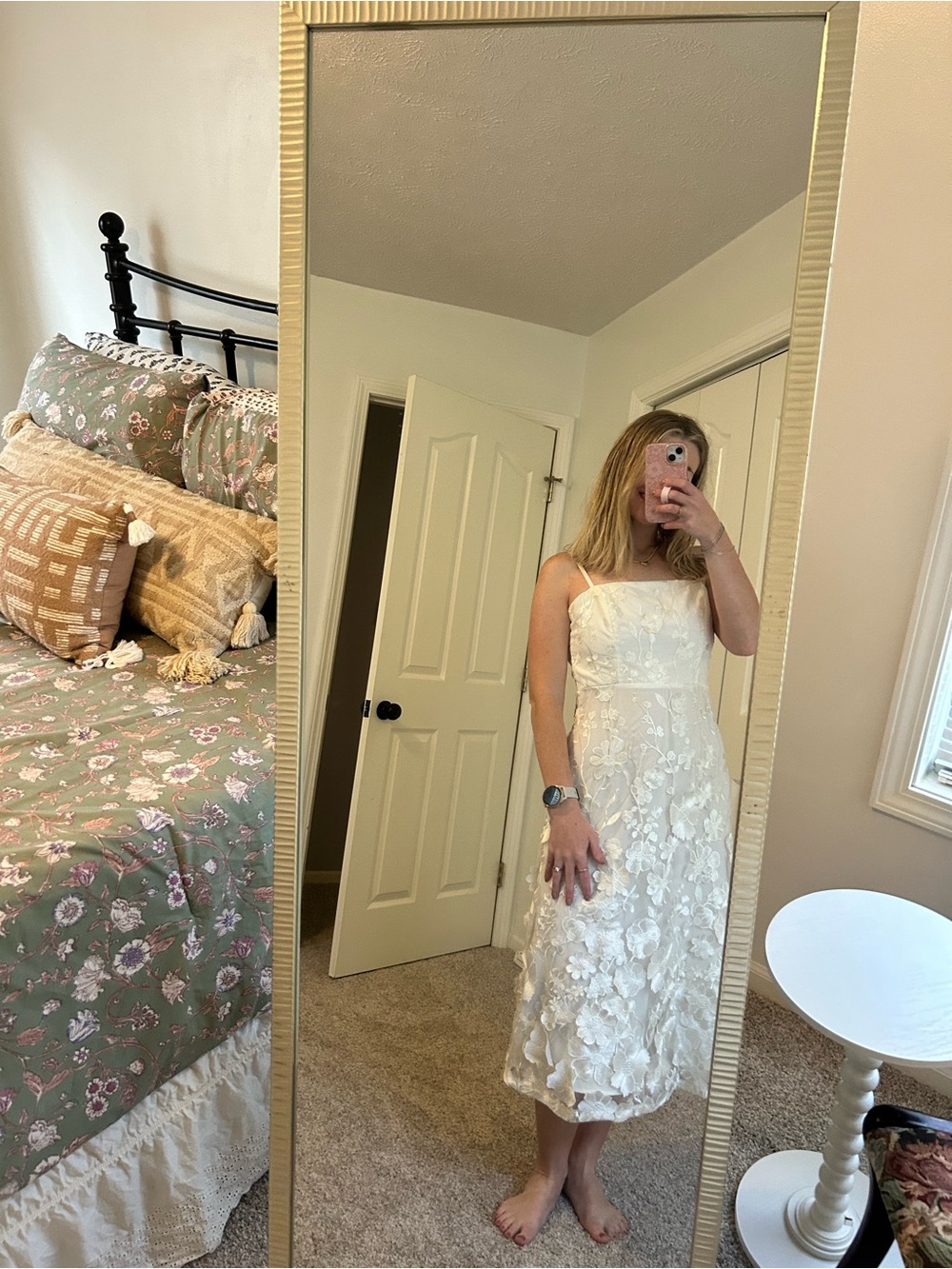 Lulu's Ivory Floral Lace Midi Dress with Spaghetti Straps